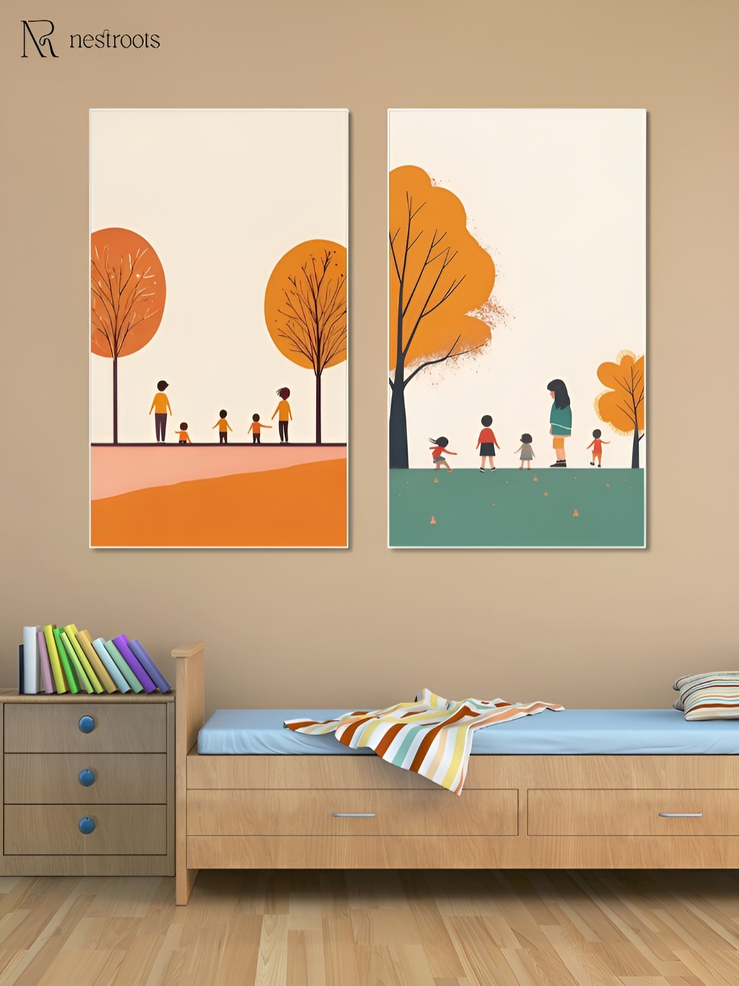 

nestroots Children's Joyful Outdoor Playtime White & Orange 2 Pieces Canvas Wall Paintings