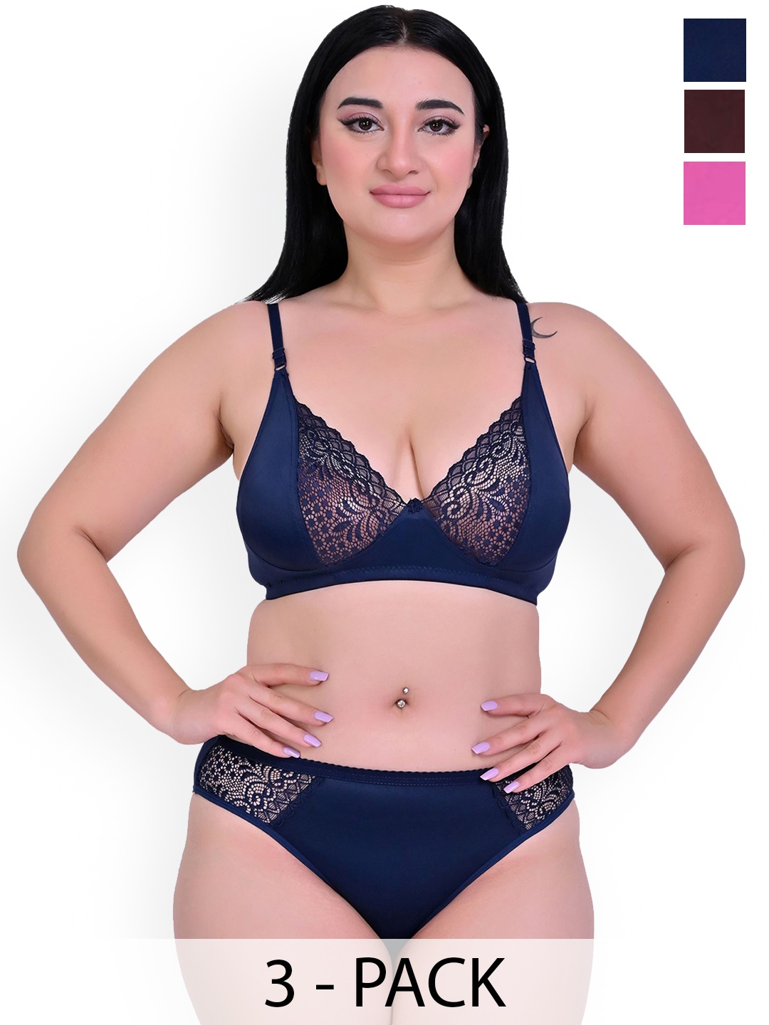 

Piylu Women Pack Of 3 Self Design Non-Padded Lingerie Sets, Pink