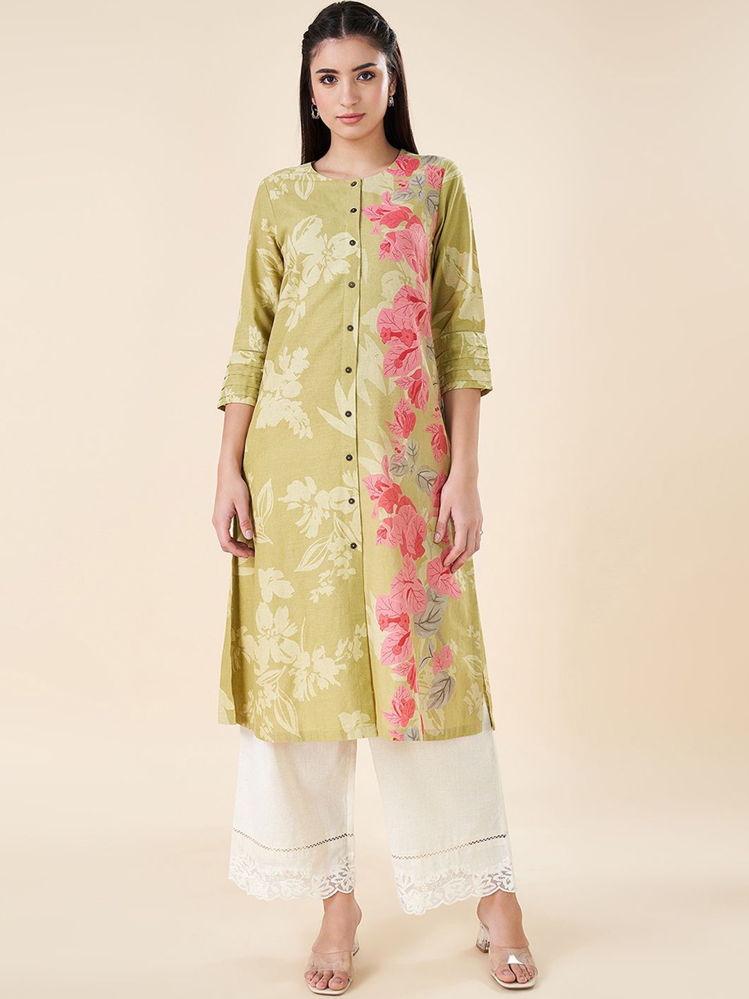 

RANGMANCH BY PANTALOONS Floral Printed Cotton Linen Straight Kurta, Green