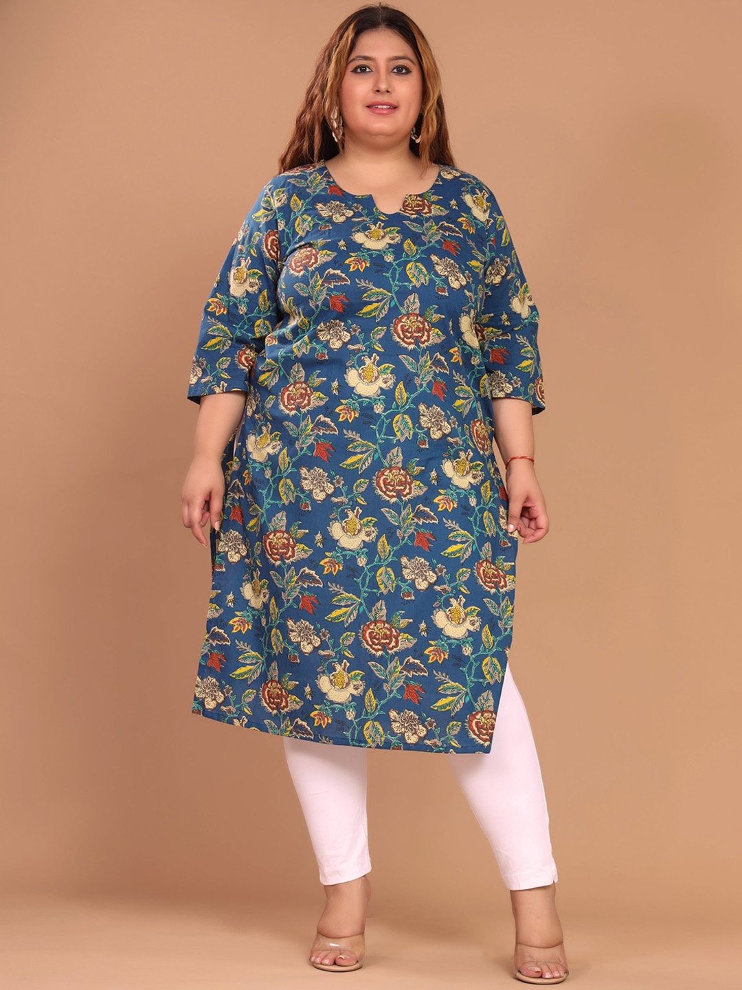 

Swasti Plus Size Floral Printed Round Neck Cotton Straight Kurta, Blue