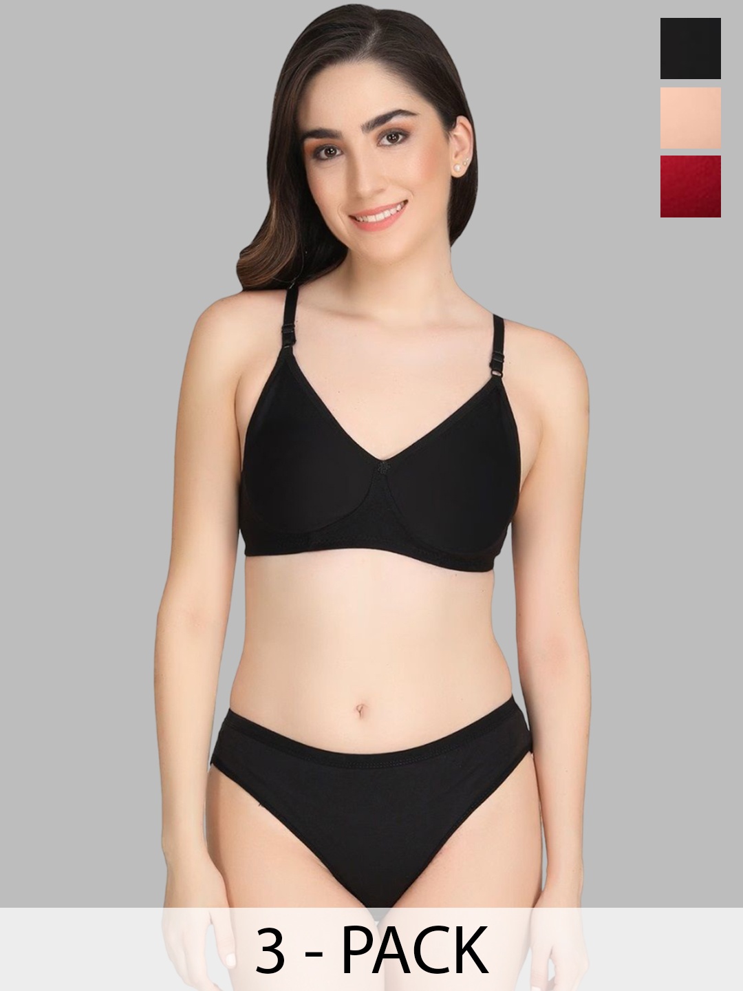 

Designer Bugs Women Pack Of 3 Seamless Lightly-Padded Lingerie SetsDBLS-B-PH-M-30B, Black
