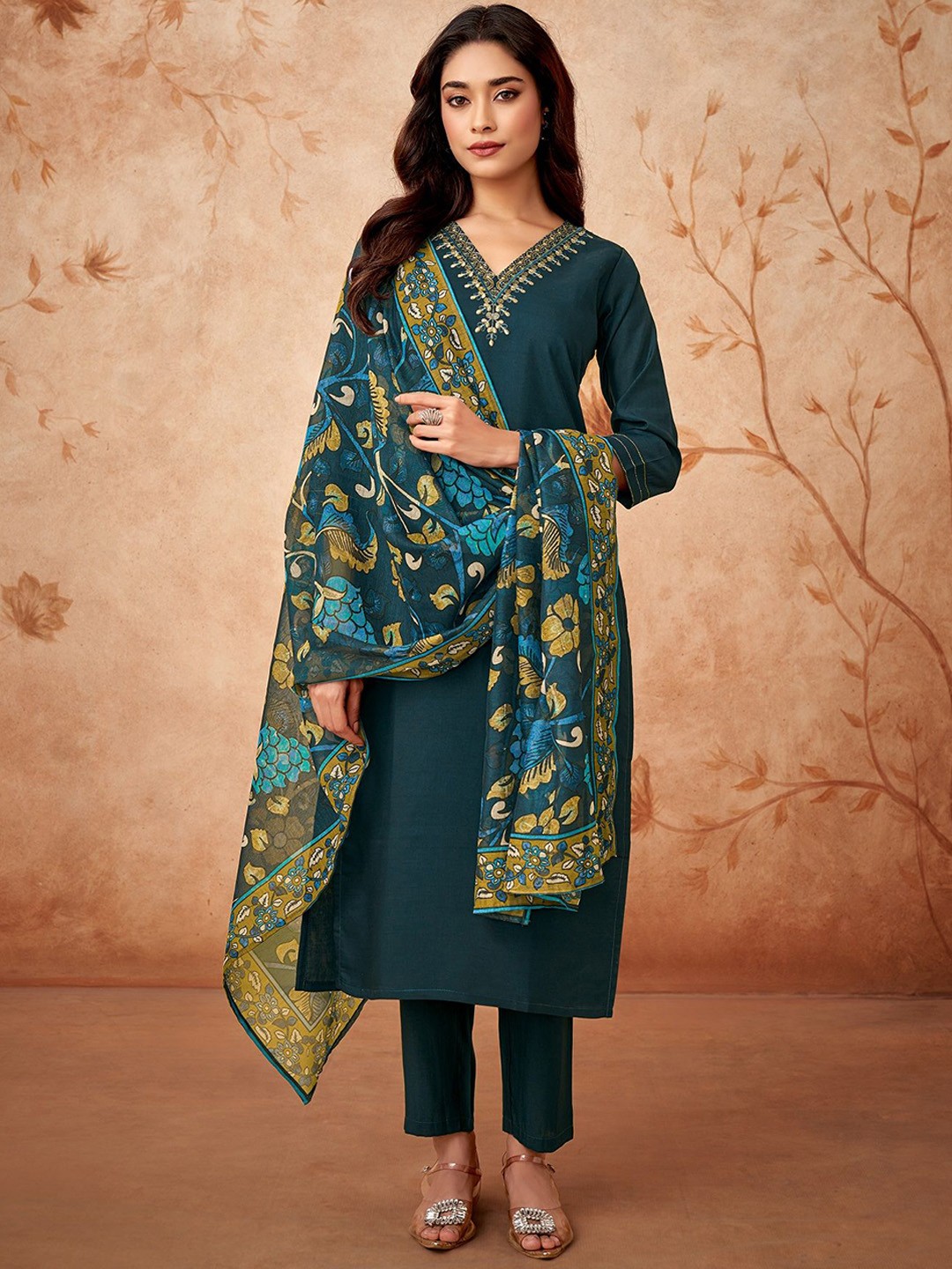 

KALINI V-Neck Thread Work Chanderi Silk Straight Kurta with Trouser & Dupatta, Teal