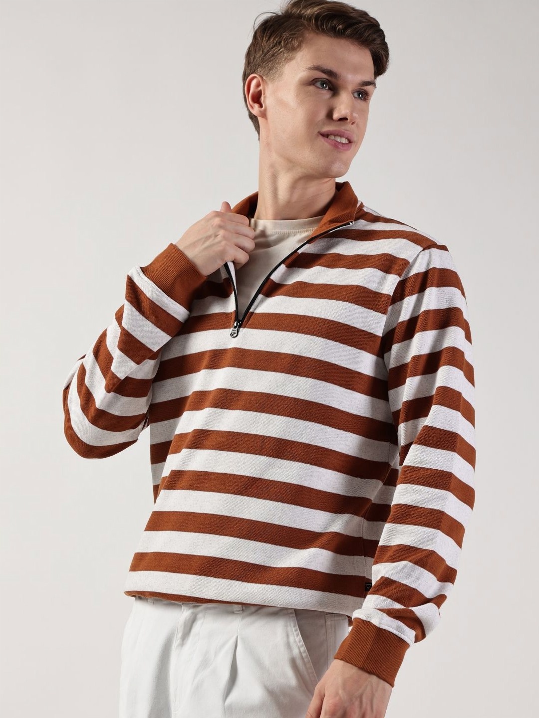 

Thomas Scott Striped Mock Collar Sweatshirt, Brown