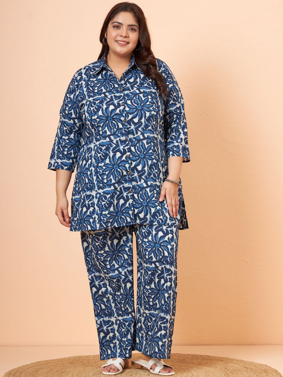 

Tissu Plus Size Floral Printed Pure Cotton Shirt With Palazzos, Blue