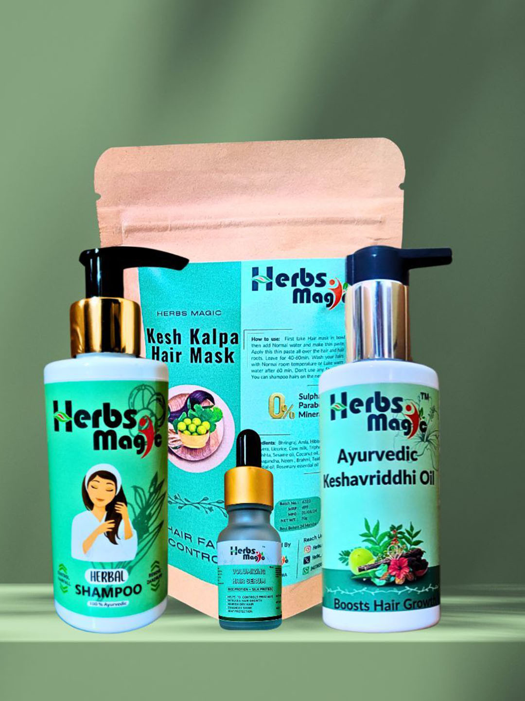

Herbs Magic Set Of 4 Kesh Kalpa Hair Mask, Oil, Shampoo & Hair Serum Combo, Green