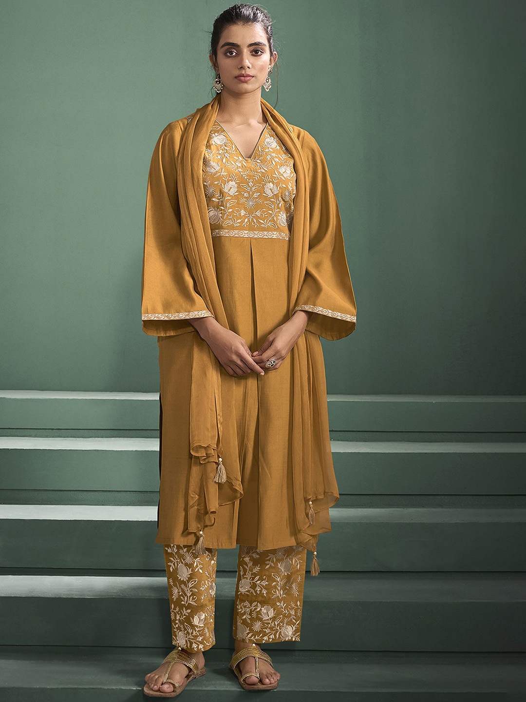 

Anouk Floral Embroidered Regular Chanderi Silk Straight Kurta with Trousers & Dupatta, Mustard