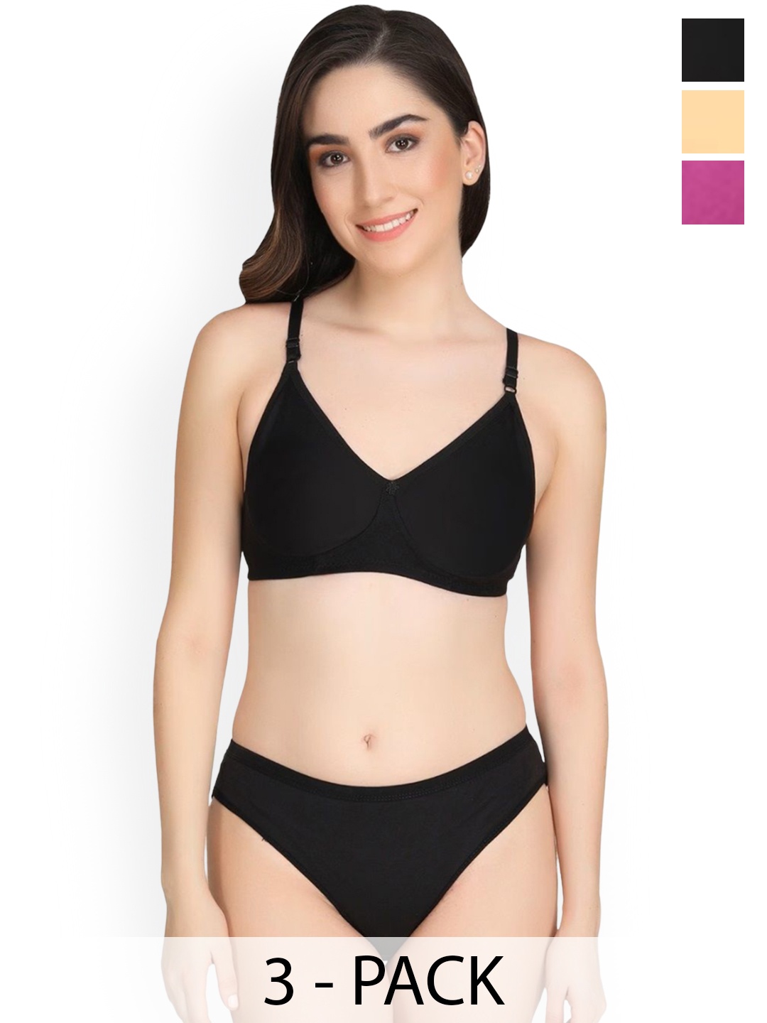 

Designer Bugs Pack Of 3 Lightly Padded Lingerie Set, Black