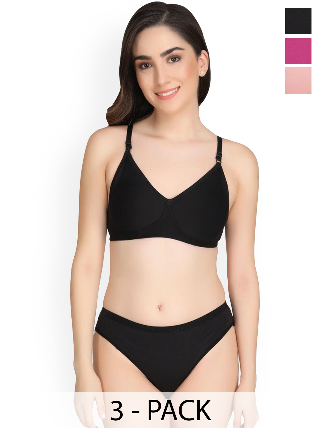 

Designer Bugs Pack Of 3 Lightly-Padded Lingerie Set, Black