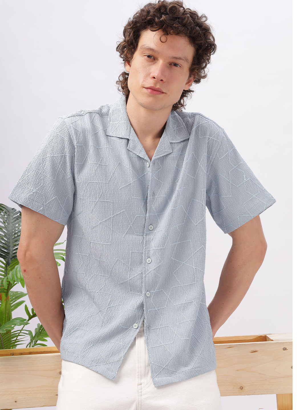 

HAMPTONS Men Cuban Collar Pinstripes Striped Cotton Casual Shirt, Blue