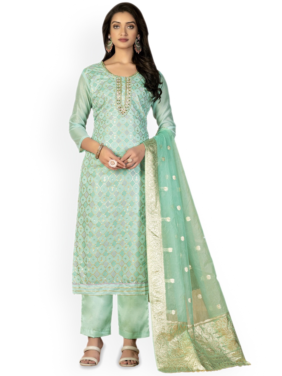 

Maroosh Geometric Embellished Unstitched Dress Material, Sea green
