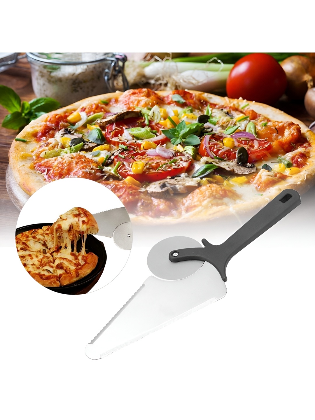 

ZEVORA Grey & Black Stainless Steel Pizza Cutter, Silver