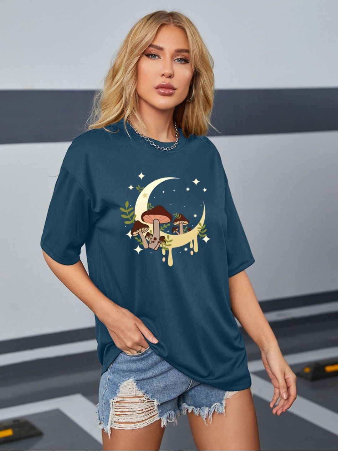

AAHWAN Women Graphic Printed Round Neck Oversized T-shirt, Navy blue