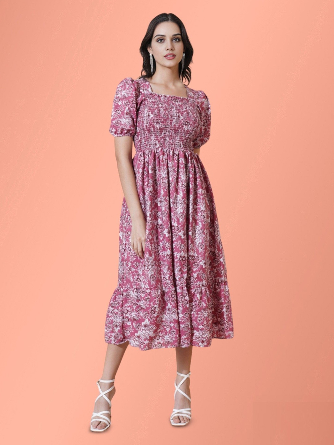 

Raiyani Enterprise Women Floral Printed Puff Sleeve Smocked Fit & Flare Midi Dress, Pink