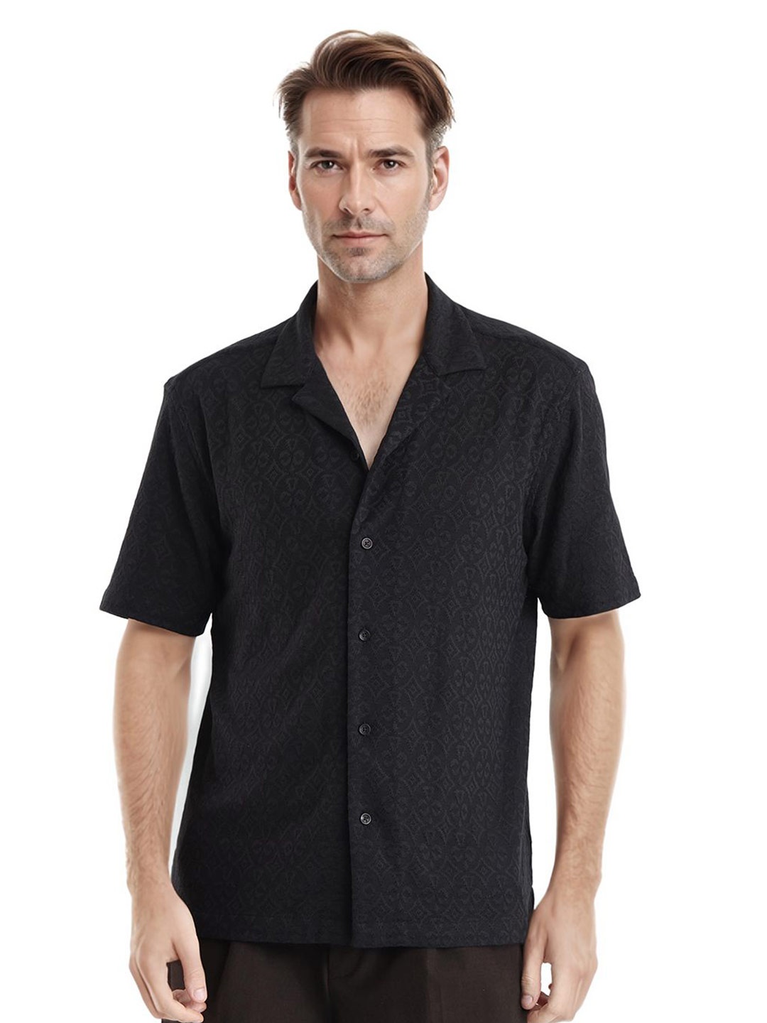 

RARE RABBIT Men Comfort Cuban Collar Textured Cotton Boxy Casual Shirt, Black