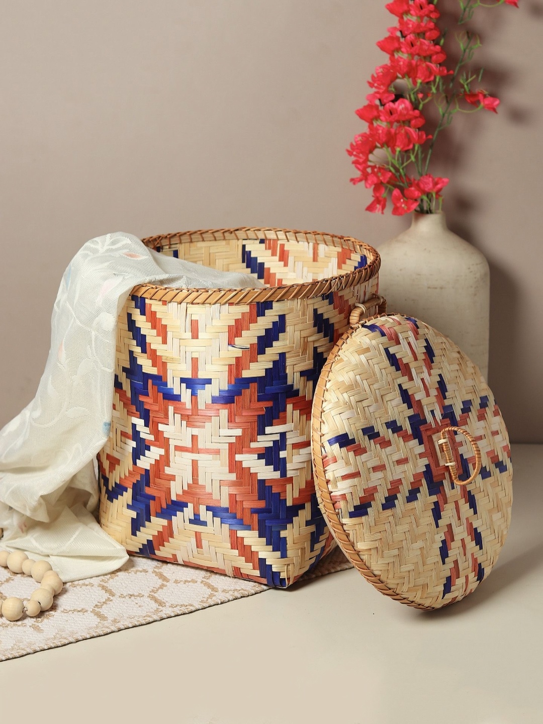 

HABERE INDIA Blue & Beige Bamboo Wicker Laundry Basket With Lid