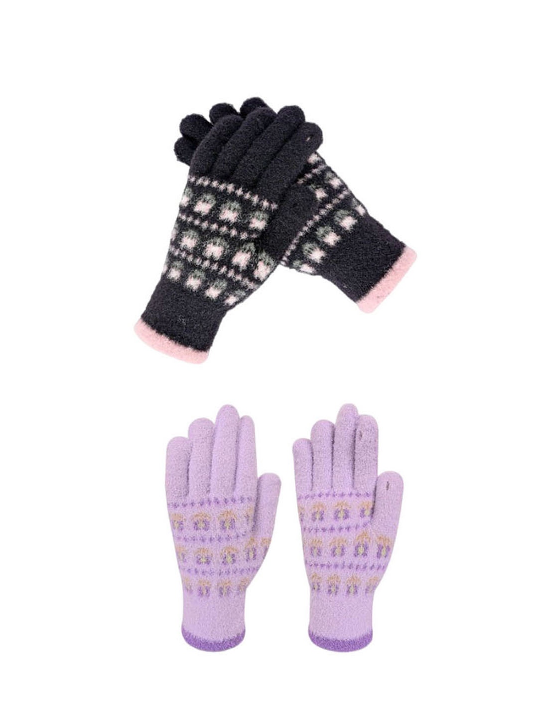 

LOOM LEGACY Women Woollen Winter Pack of 2 Pairs Patterned Acrylic Touchscreen Gloves, Black