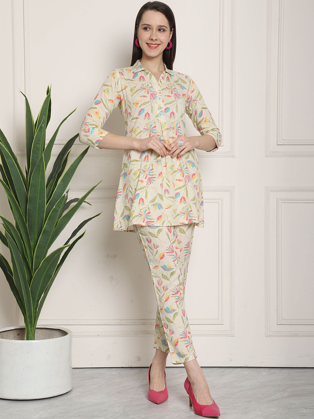 

Roly Poly Printed Pure Cotton Top With Trouser Co-Ords, Off white