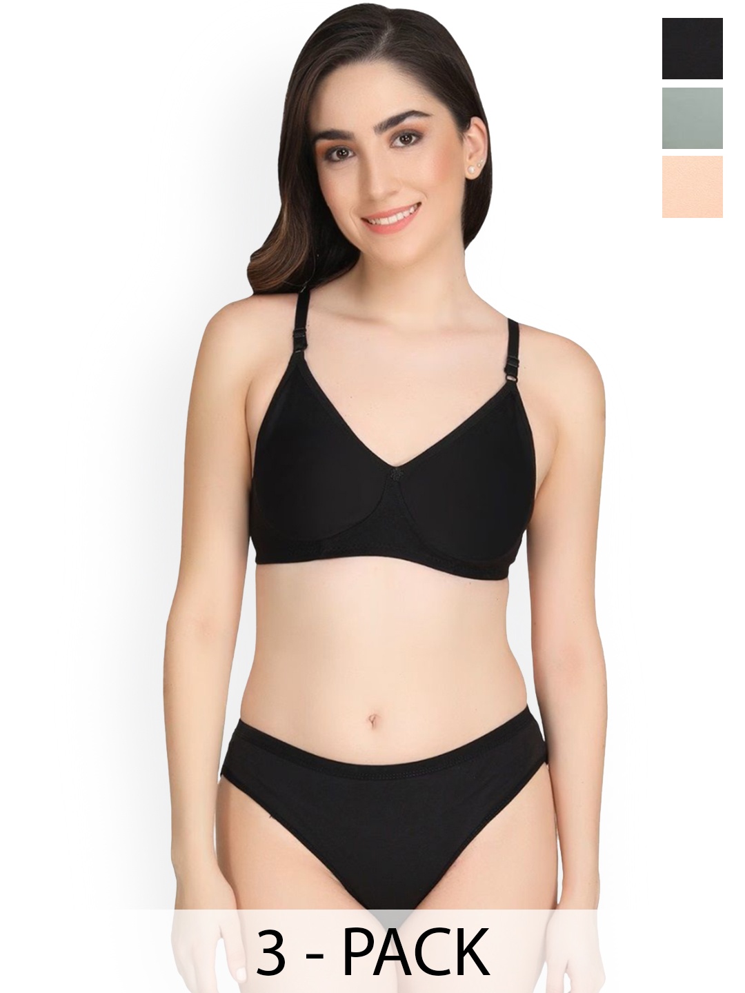 

Designer Bugs Women Pack Of 3 Lightly Padded Lingerie Set, Black