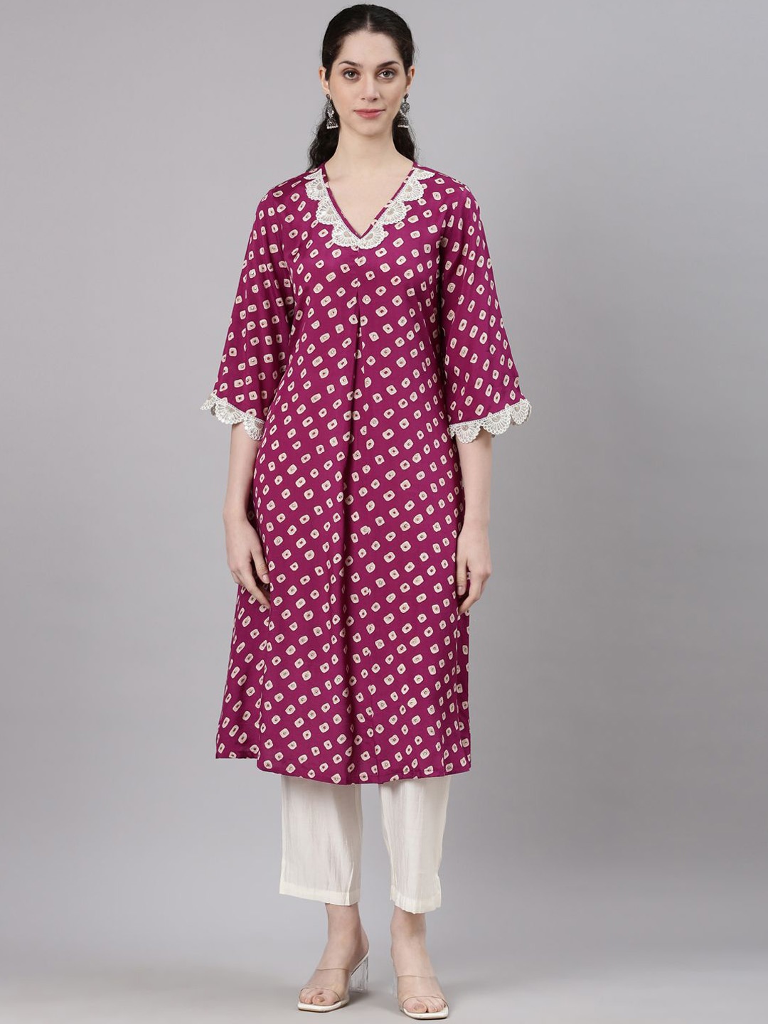 

Neerus Geometric Printed Patchwork Kurta with Trouser, Purple