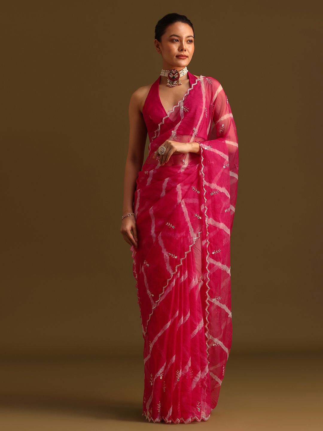 

KALKI Fashion Striped Beads and Stones Organza Leheriya Saree, Pink
