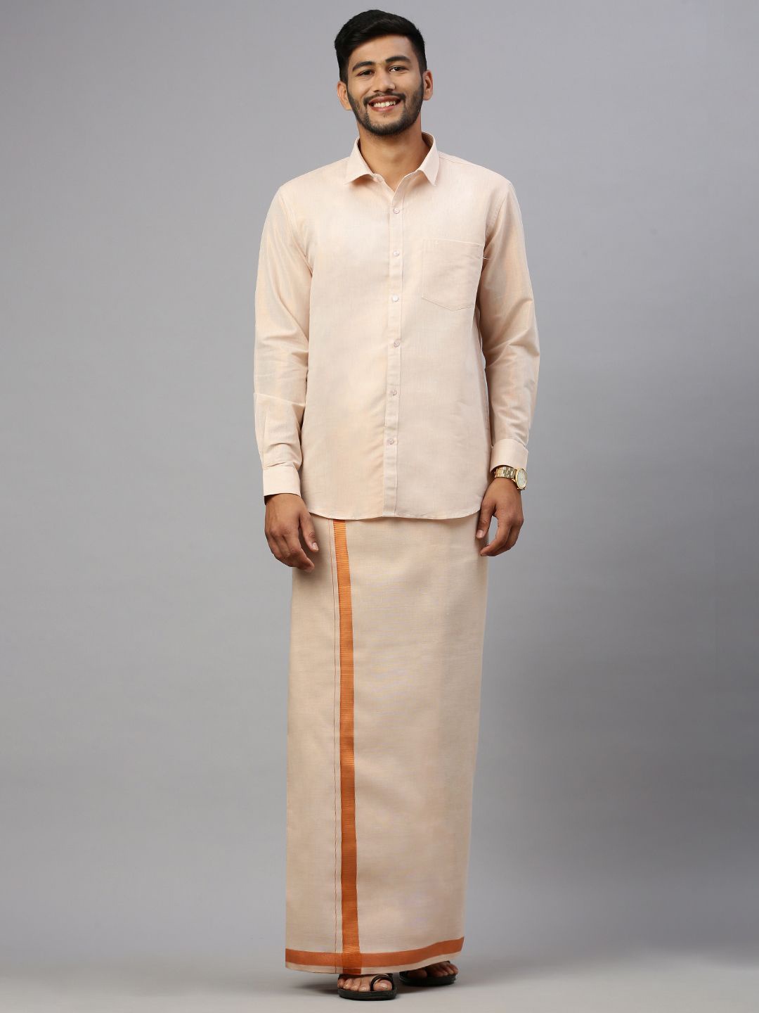 

RAMRAJ Men Cotton Blend Full Sleeve Shirt & Single Dhoti, Copper