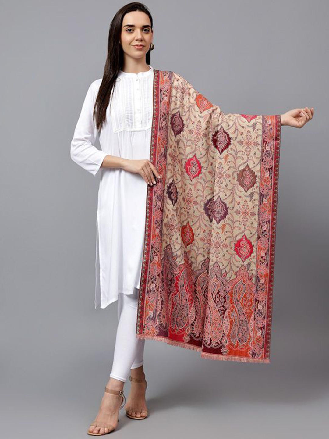 

Mizash Paisley Printed Pure Woollen Shawl, Beige