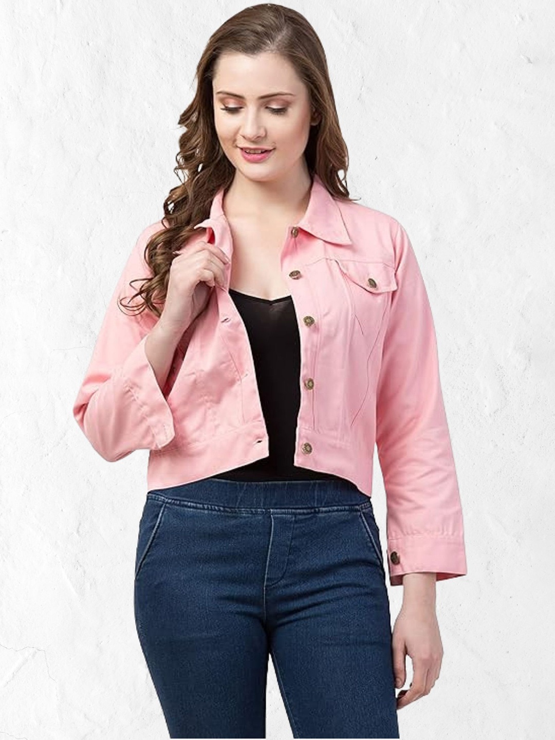 

Funday Fashion Women Spread Collar Solid Cotton Casual Denim Jacket, Pink