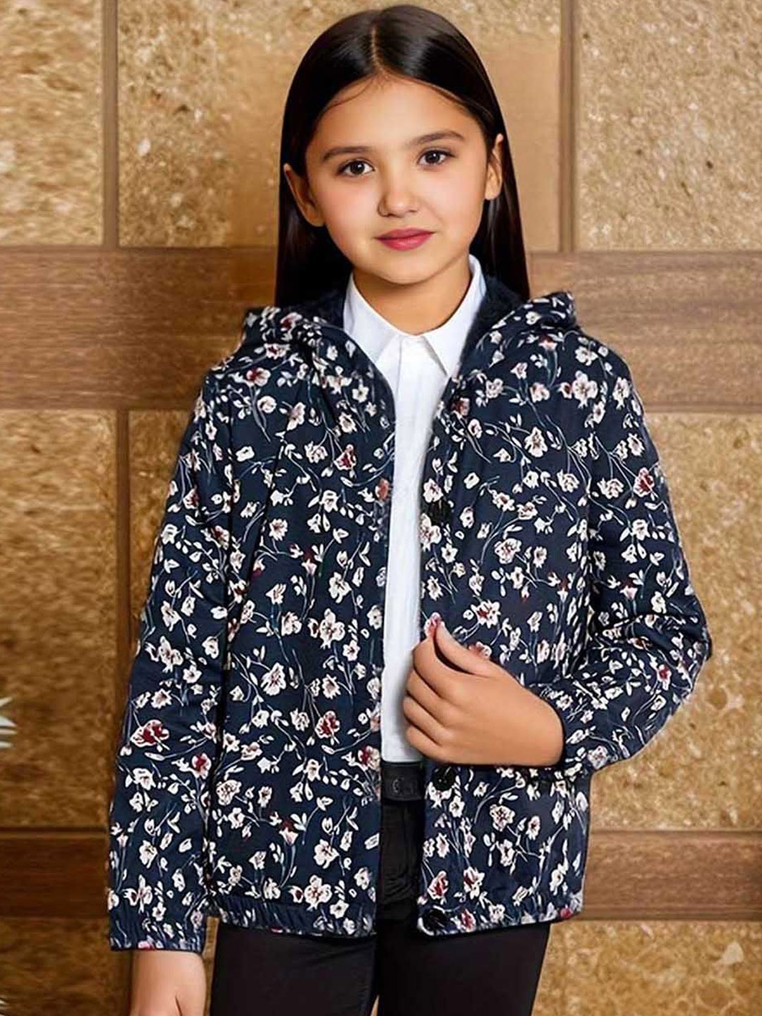 

INCLUD Girls Hooded Floral Printed Cotton Casual Bomber Jacket, Navy blue