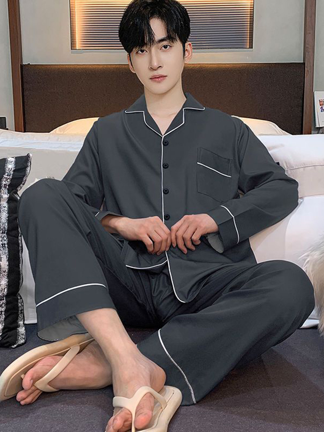 

StyleCast Long Sleeves Shirt with Pyjama Night Suits, Grey