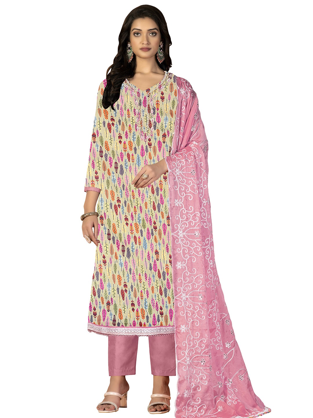 

Maroosh Abstract Embroidered Beads and Stones Unstitched Dress Material, Pink