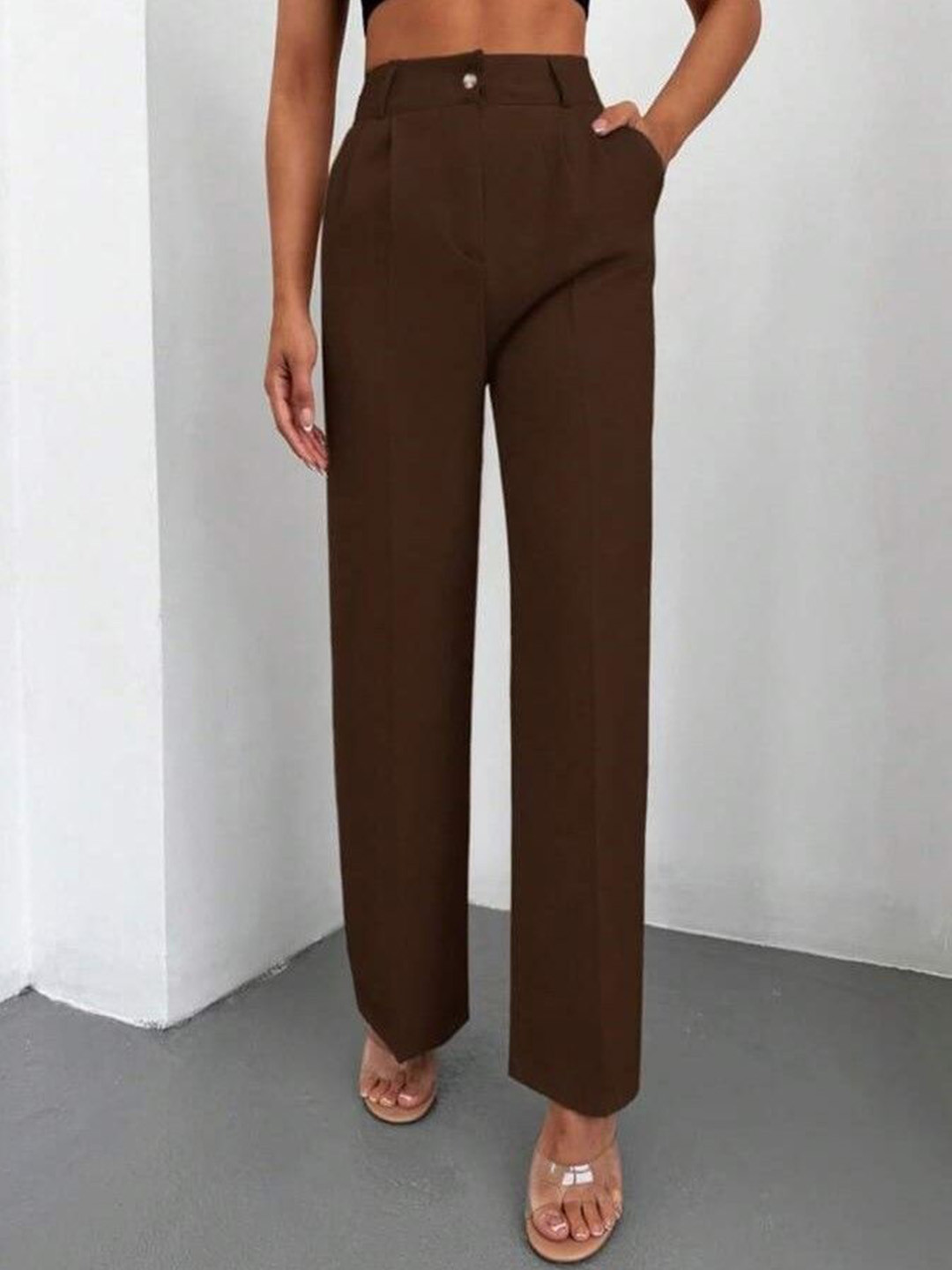 

Next One Women High-Rise Pleated Korean Trousers, Brown