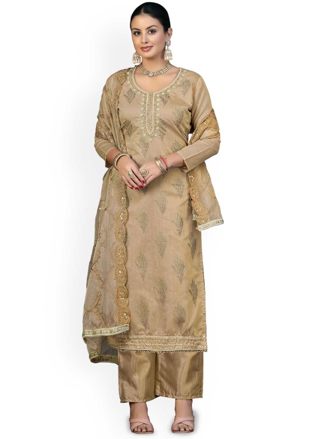 

Maroosh Floral Embroidered Beads and Stones Unstitched Dress Material, Beige