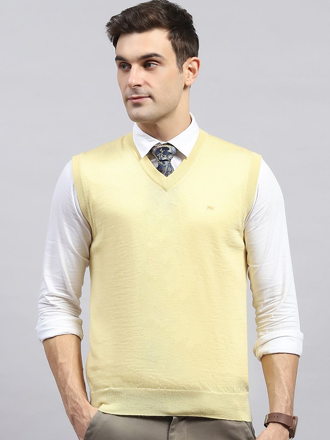 

Monte Carlo Men Woollen V-Neck Sleeveless Pullover Sweater, Yellow