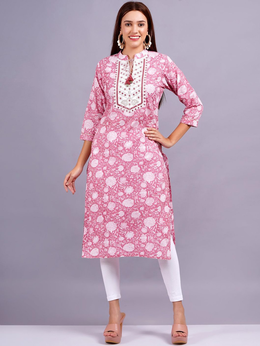 

JC4U Floral Printed Tie-Up Neck Kurta, Pink