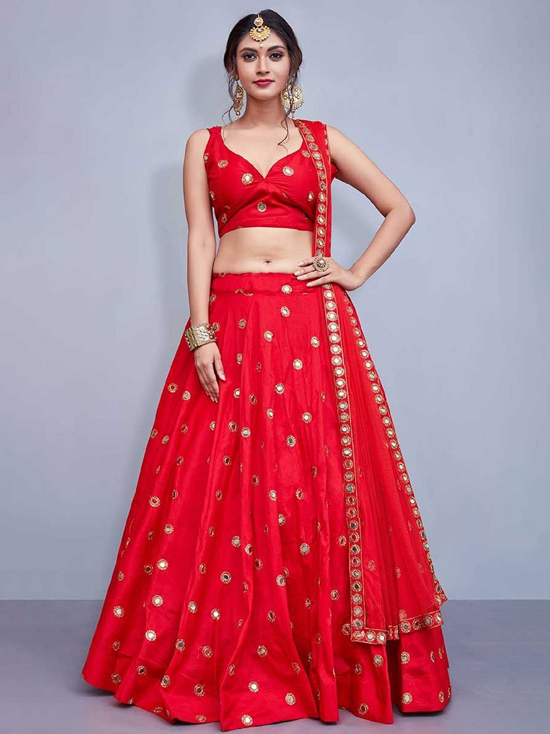 

KALINI Embroidered Mirror Work Semi-Stitched Lehenga & Unstitched Blouse With Dupatta, Red