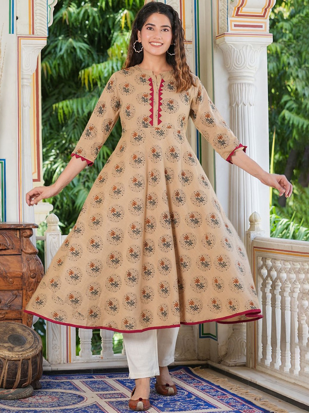 

IKRASS Floral Printed Mandarin Collar Anarkali Kurta, Beige