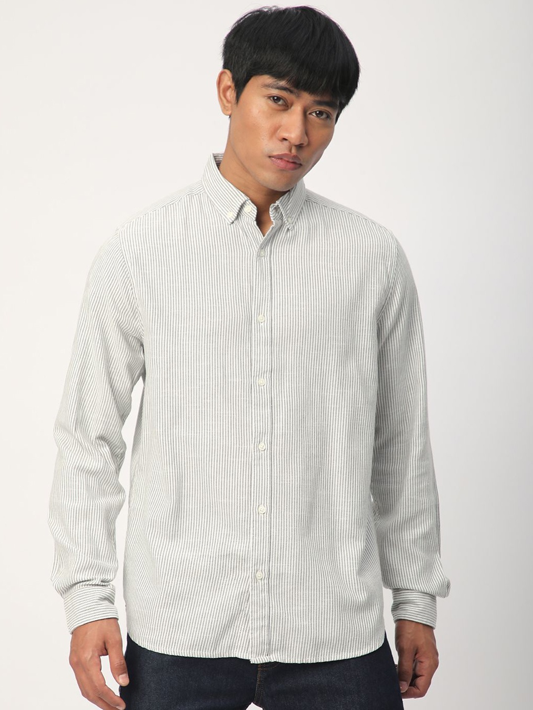 

R&B Men Button-Down Collar Vertical Striped Cotton Casual Shirt, Green