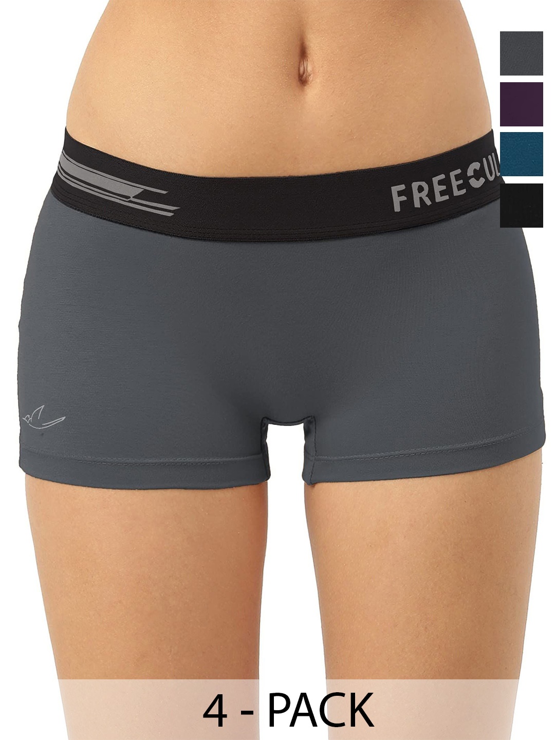 

FREECULTR Women Pack Of 4 Antibacterial MidRise BoxerStyle Boy Short Briefs, Grey