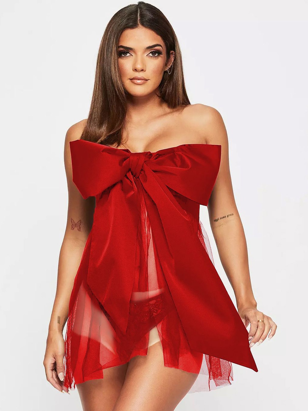 

KRENOZ Women Net Strapless Baby Doll with Asymmetric, Red
