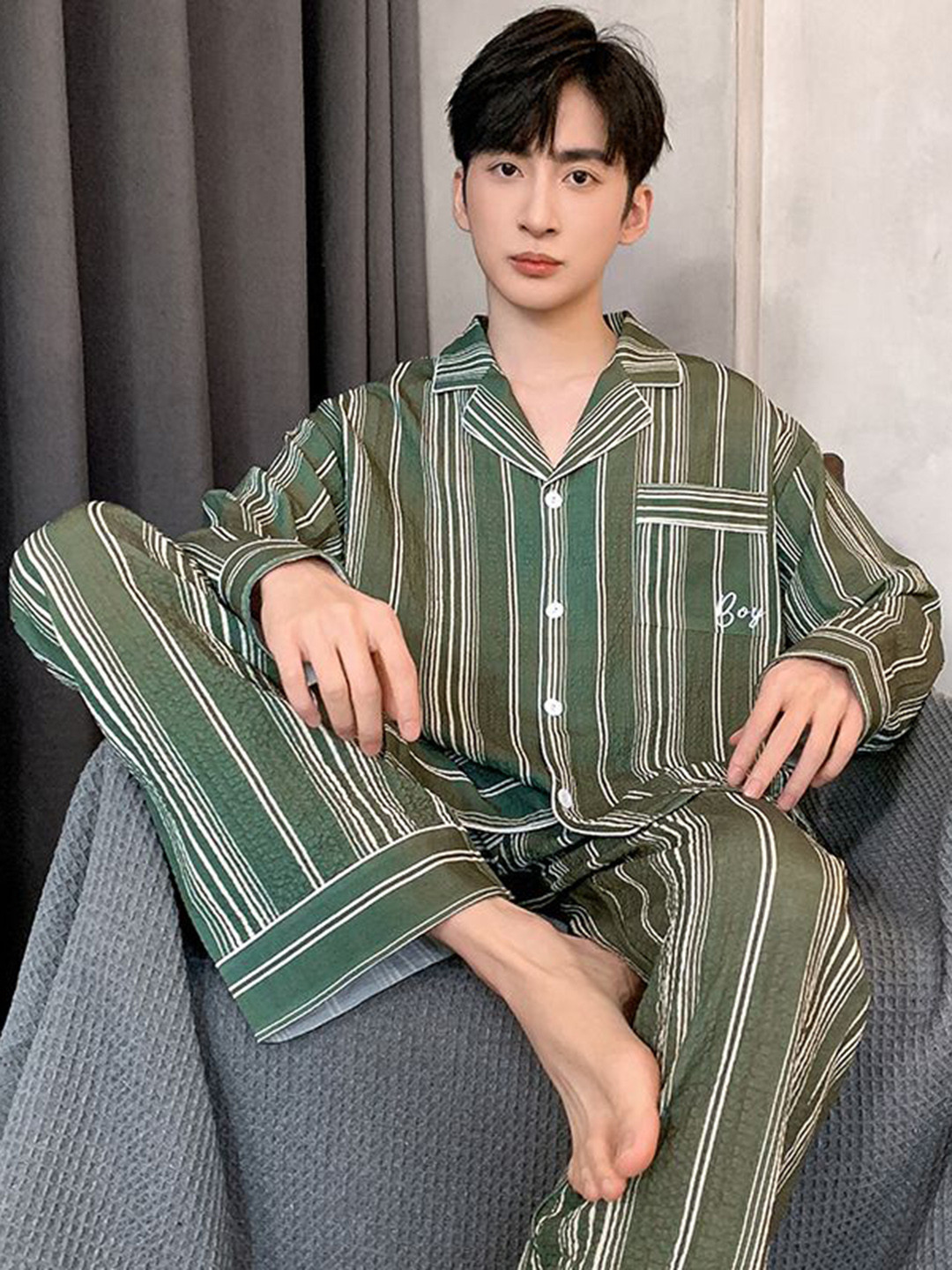 

StyleCast Men Striped Shirt With Pyjama Night Suit, Green