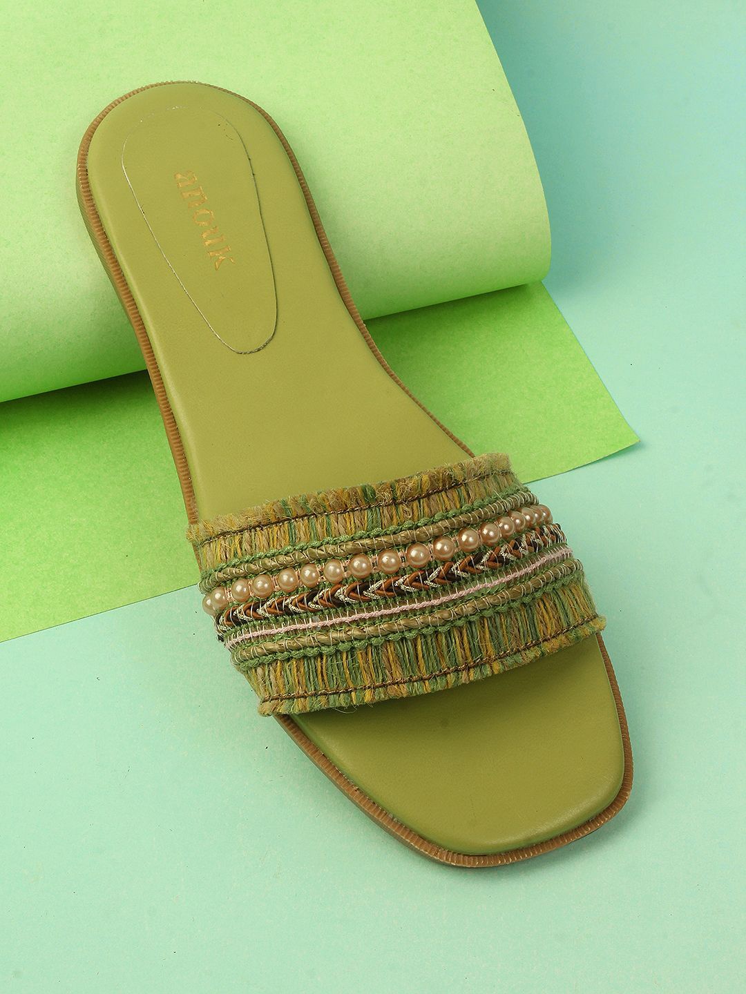 

Anouk Women Square Toe Open Toe Flats, Olive