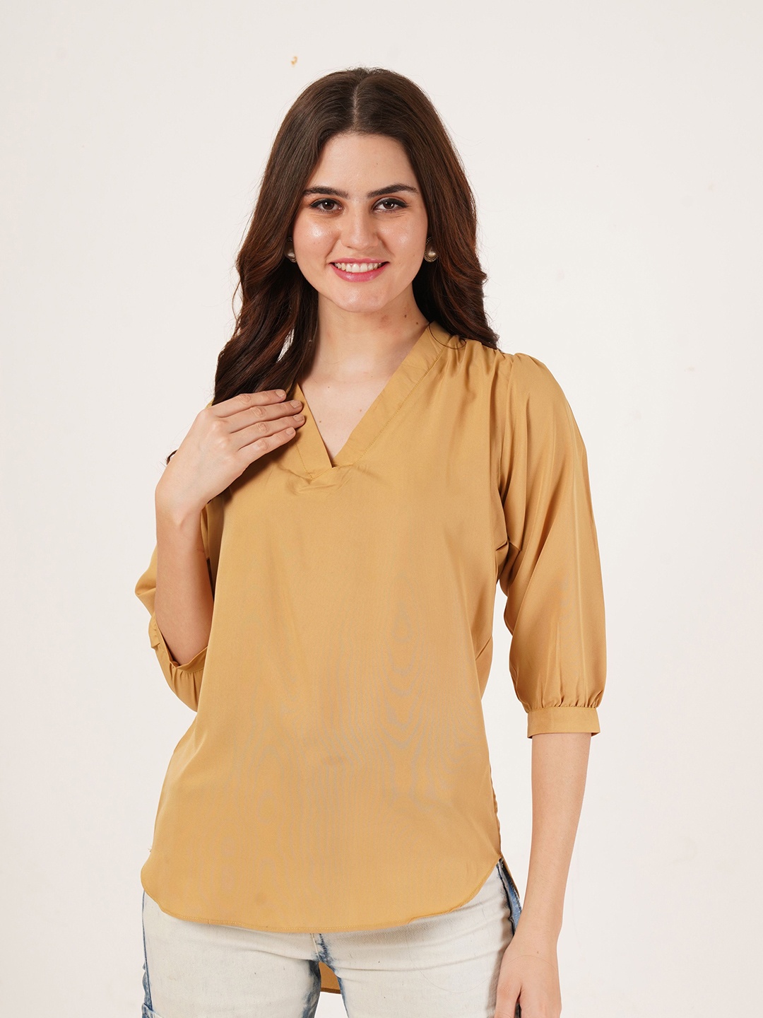 

Brownverse Women Mandarin Collar Cotton Top, Beige