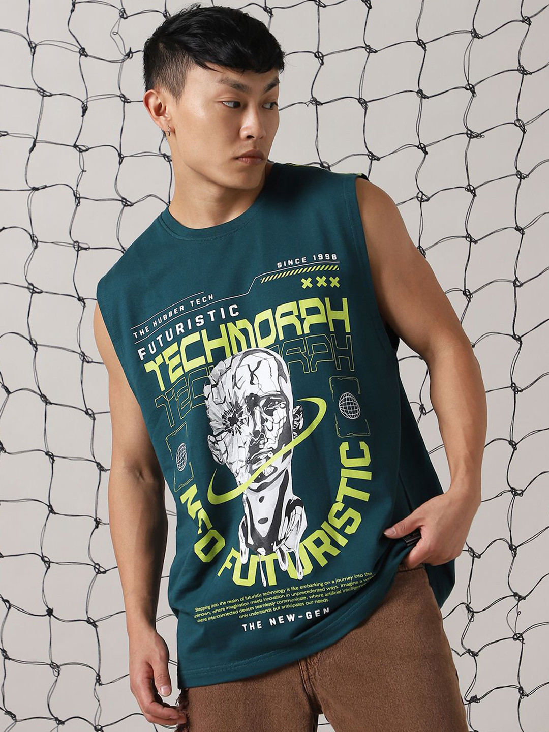 

Hubberholme Men Printed Phygital Graphic Sleeveless Vest Relazed Fit T-shirt, Green