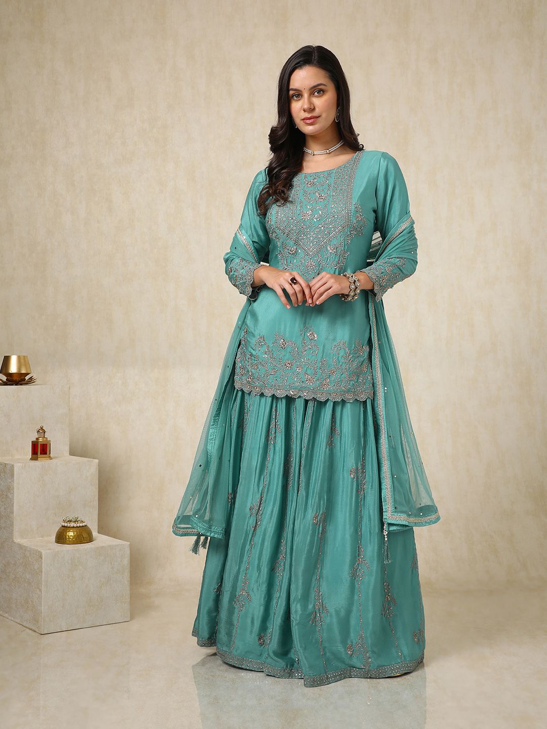 

Soch Embroidered Beads and Stones Ready to Wear Lehenga & Blouse With Dupatta, Turquoise blue