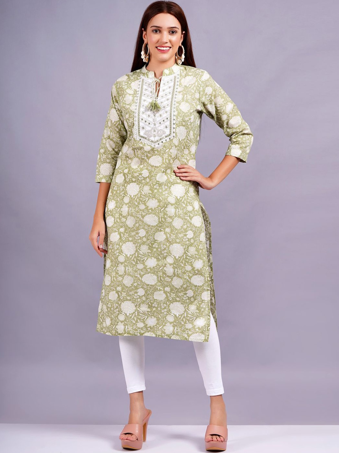 

JC4U Floral Printed Tie-Up Neck Cotton Straight Kurta, Green
