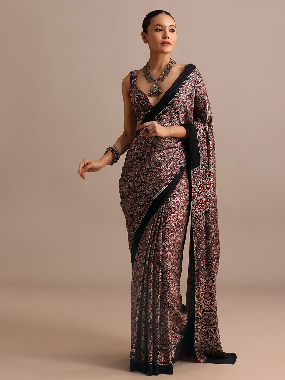 

KALKI Fashion Ethnic Motifs Satin Block Print Saree, Brown