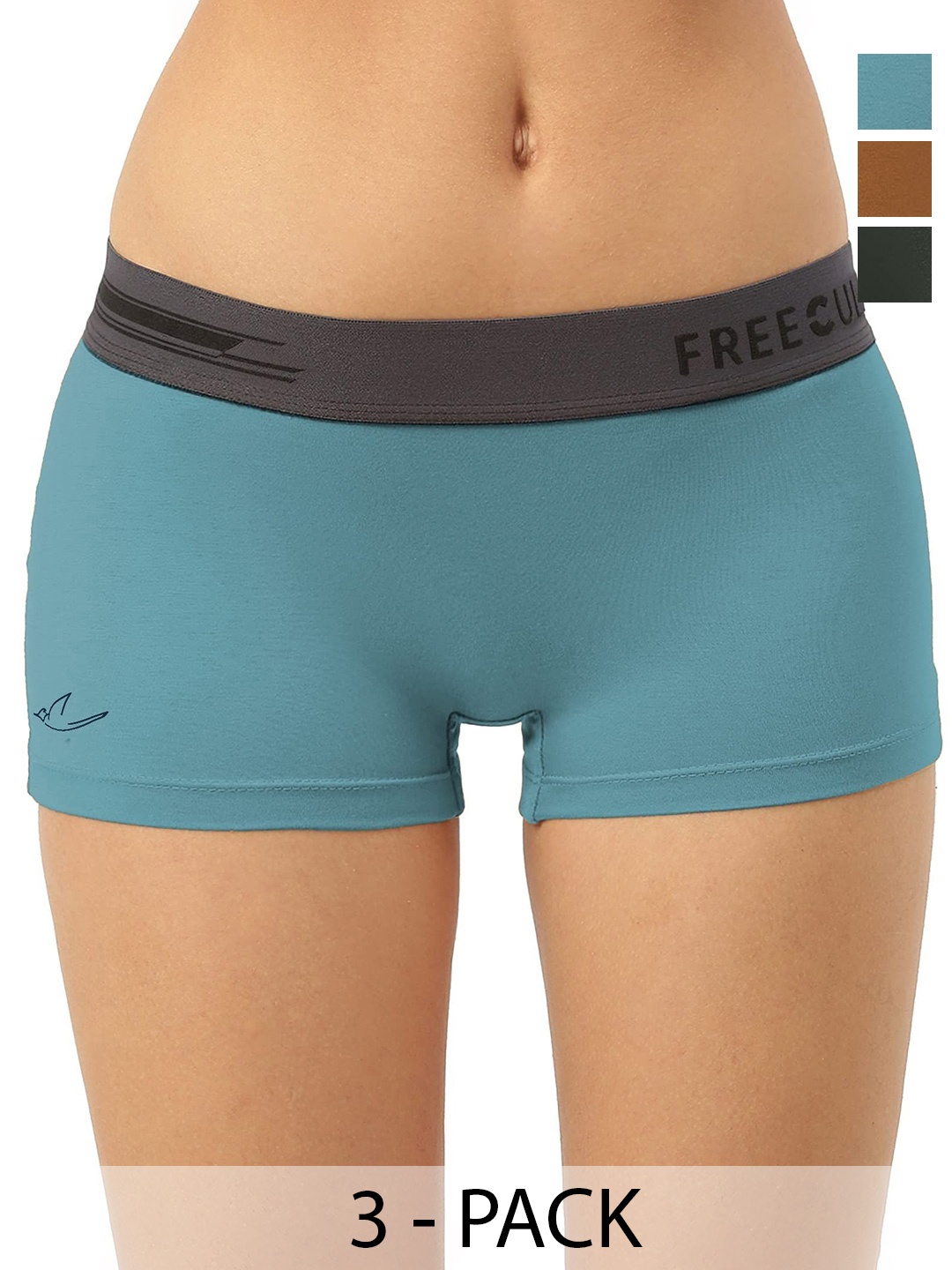 

FREECULTR Women Pack Of 3 Antibacterial MidRise BoxerStyle Boy Short Briefs, Green