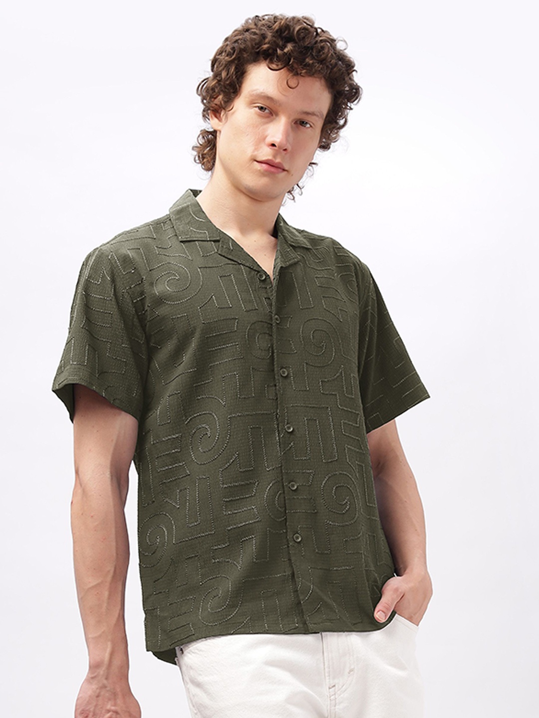 

HAMPTONS Men Cuban Collar Geometric Printed Cotton Casual Shirt, Olive