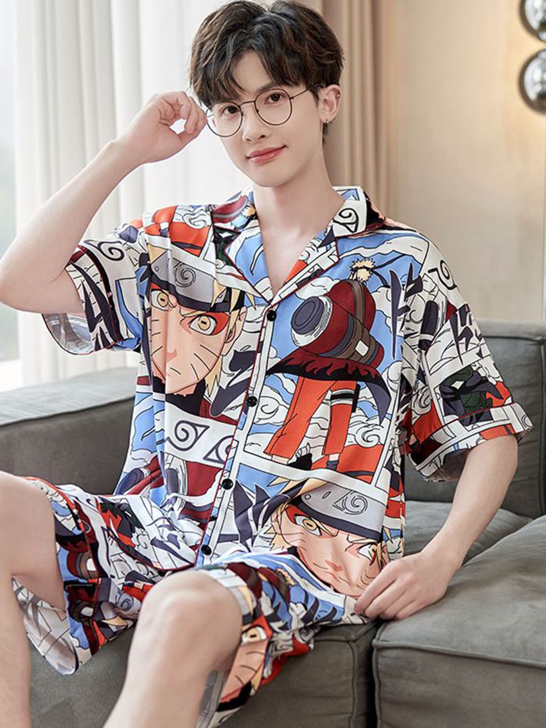 

StyleCast Men Printed Shirt With Shorts Lapel Collar Casual Night Suit, Blue