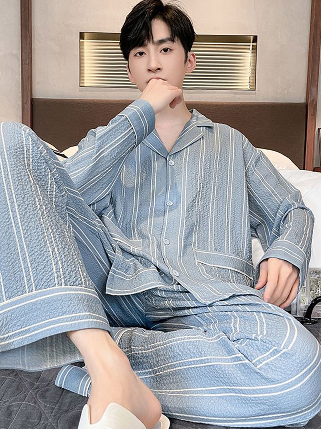 

StyleCast Blue & White Lapel Collar Striped Printed Shirt & Trousers